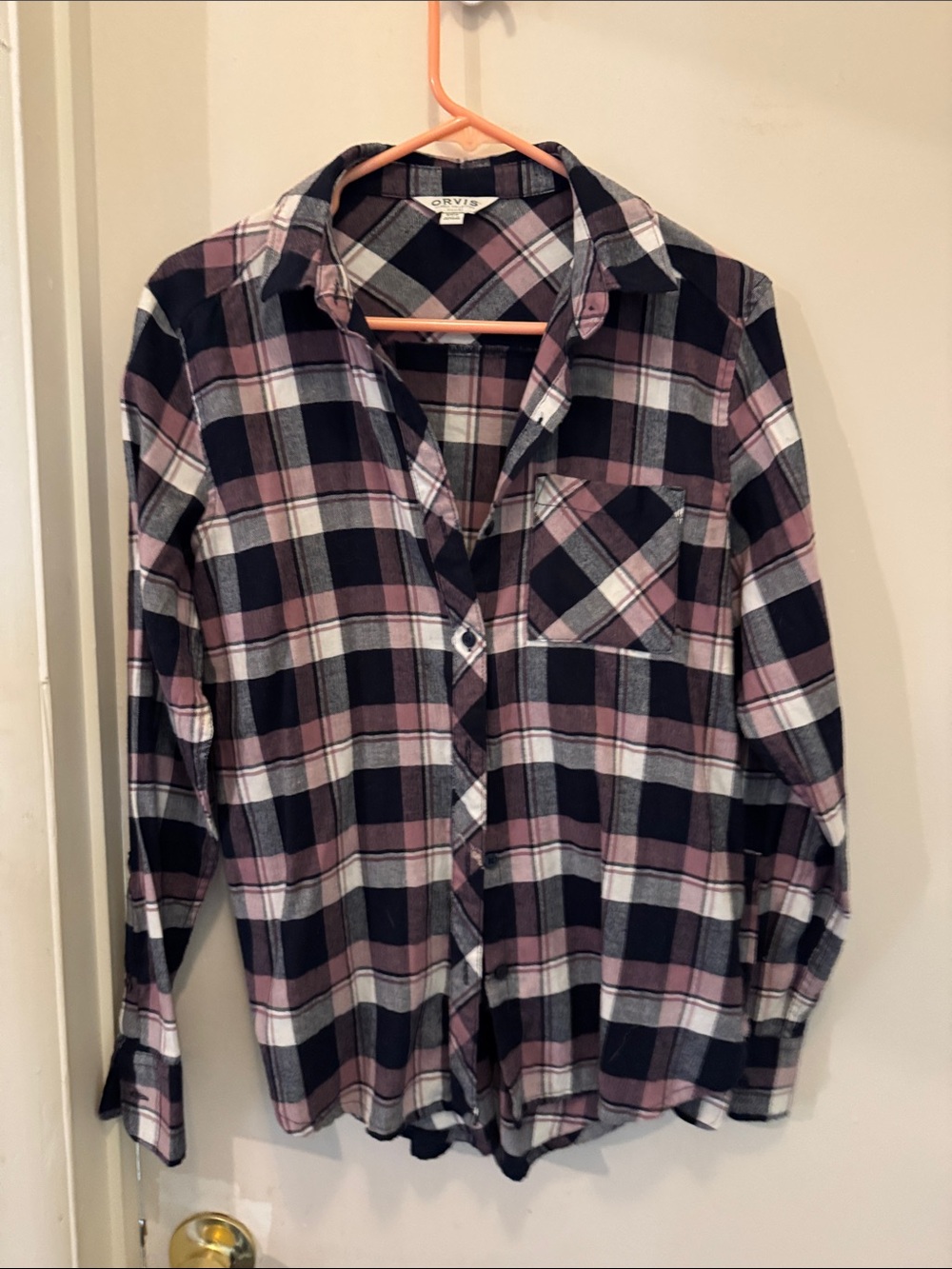 Orvis Black, Pink & White Plaid Flannel Shirt